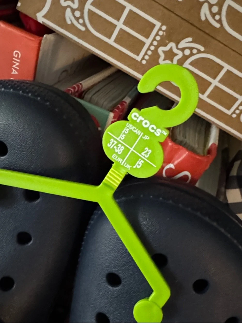CROCS Kids Black Clog with Green & Blue Plaid Fleece Lining